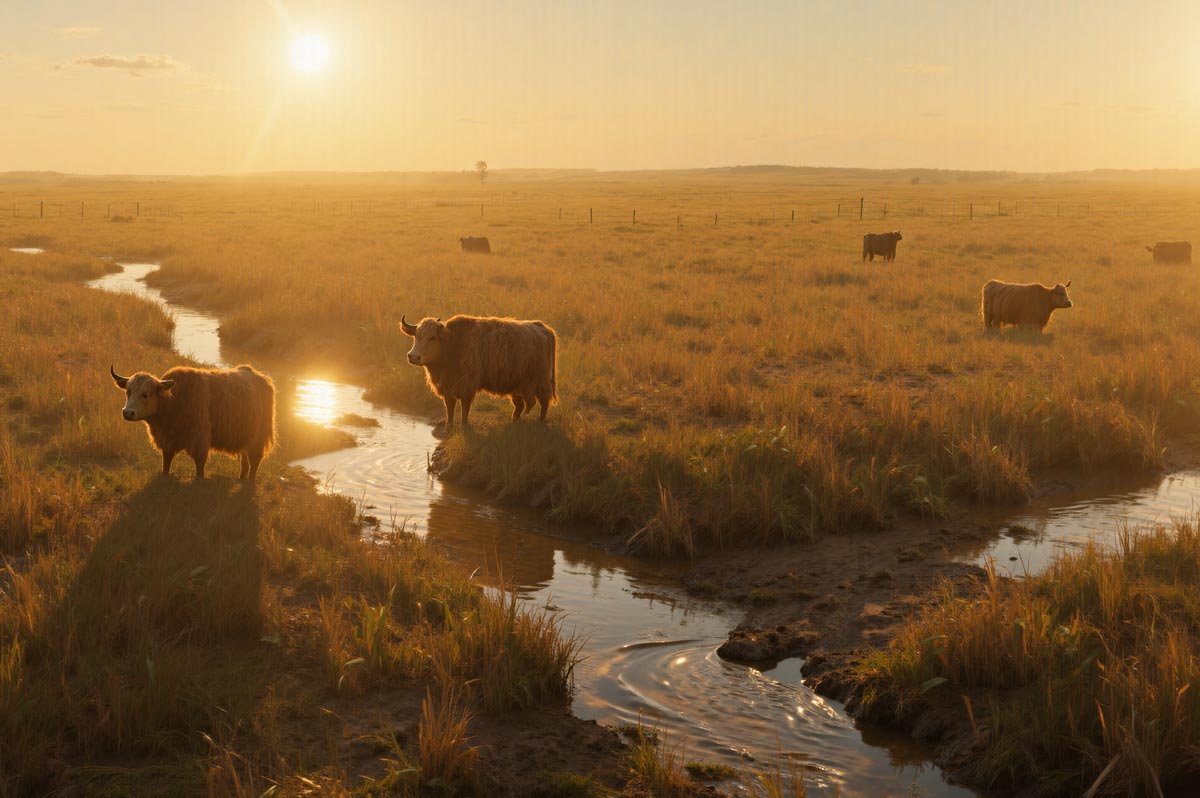 Cattle drinking from creek in Tunkwa Valley rangeland